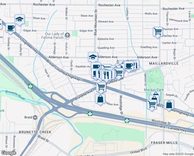 map of restaurants, bars, coffee shops, grocery stores, and more near 901 Lougheed Highway in Coquitlam