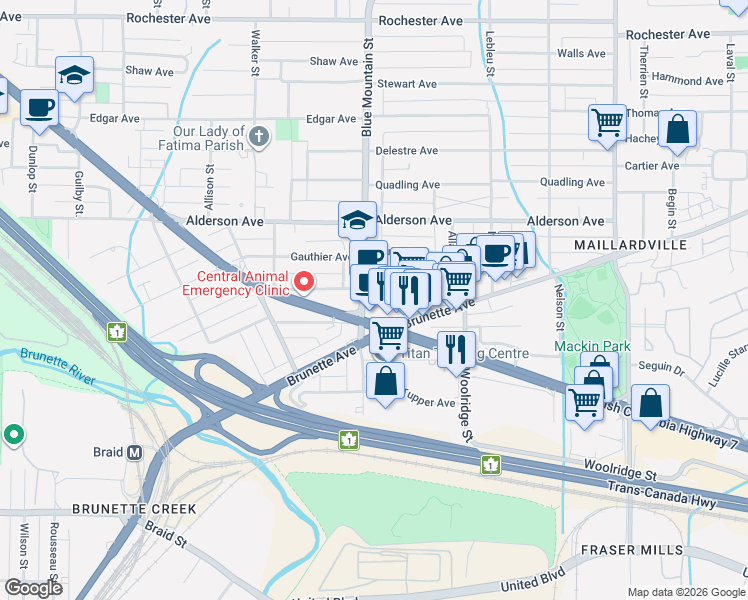 map of restaurants, bars, coffee shops, grocery stores, and more near 901 Lougheed Highway in Coquitlam