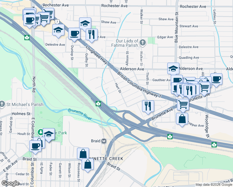 map of restaurants, bars, coffee shops, grocery stores, and more near 258 Hart Street in Coquitlam