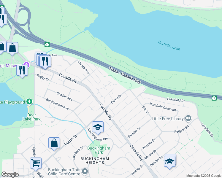 map of restaurants, bars, coffee shops, grocery stores, and more near 5770 Mayview Circle in Burnaby