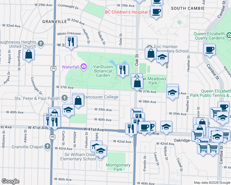 map of restaurants, bars, coffee shops, grocery stores, and more near 1128 West 37th Avenue in Vancouver