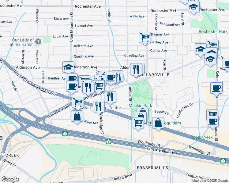 map of restaurants, bars, coffee shops, grocery stores, and more near 1000 Brunette Avenue in Coquitlam