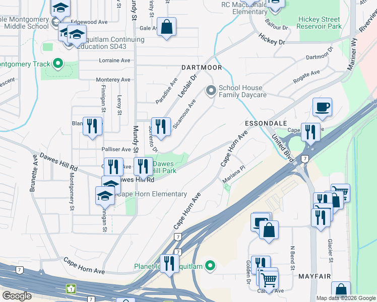 map of restaurants, bars, coffee shops, grocery stores, and more near 2233 Monashee Court in Coquitlam