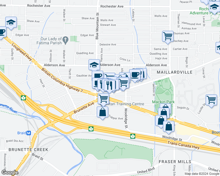 map of restaurants, bars, coffee shops, grocery stores, and more near 931 Brunette Avenue in Coquitlam