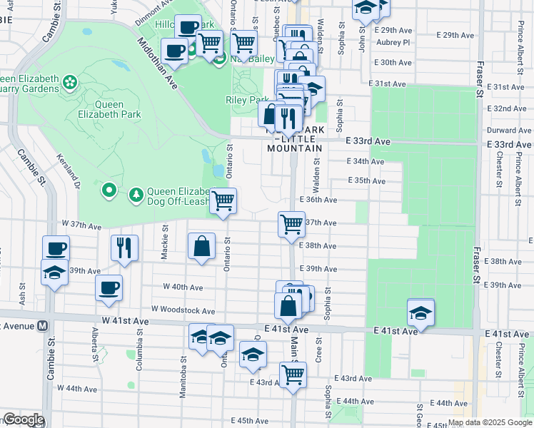 map of restaurants, bars, coffee shops, grocery stores, and more near 137 East 37th Avenue in Vancouver