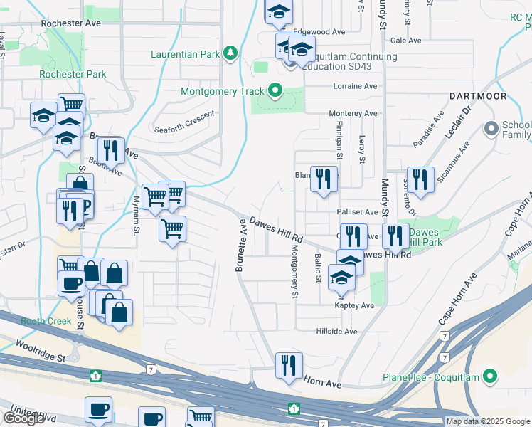 map of restaurants, bars, coffee shops, grocery stores, and more near 245 Chester Court in Coquitlam