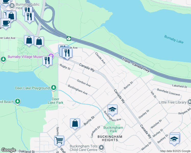 map of restaurants, bars, coffee shops, grocery stores, and more near 5550 Rugby Street in Burnaby
