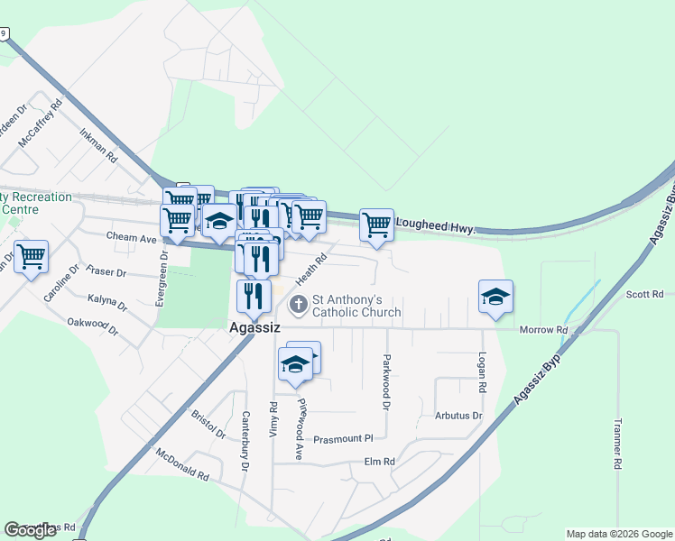 map of restaurants, bars, coffee shops, grocery stores, and more near 1854 Heath Road in Agassiz