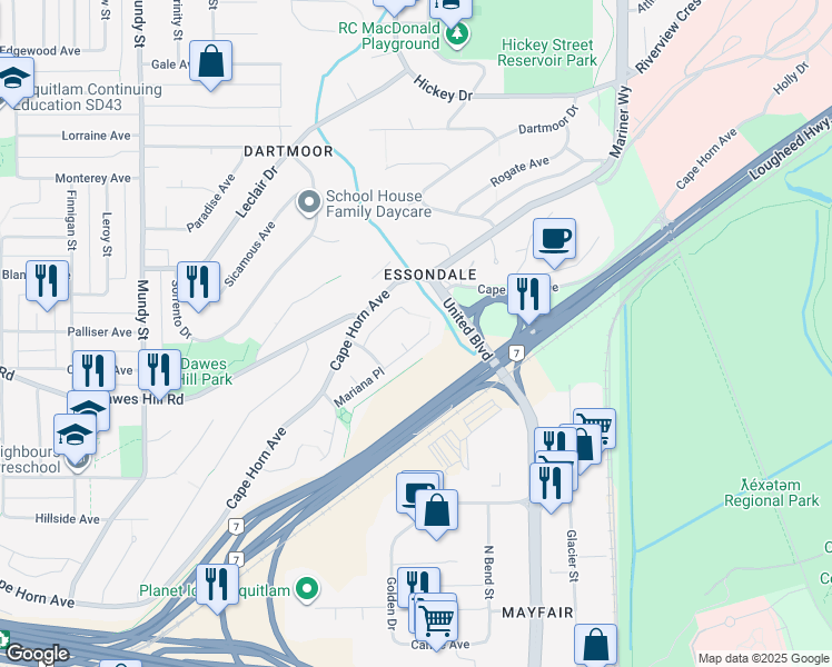map of restaurants, bars, coffee shops, grocery stores, and more near 2419 Mariana Place in Coquitlam