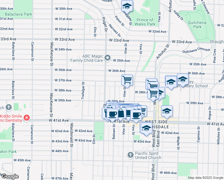 map of restaurants, bars, coffee shops, grocery stores, and more near in Vancouver