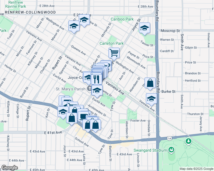 map of restaurants, bars, coffee shops, grocery stores, and more near 3488 Vanness Avenue in Vancouver