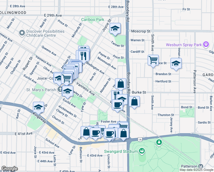 map of restaurants, bars, coffee shops, grocery stores, and more near 5174 Aberdeen Street in Vancouver