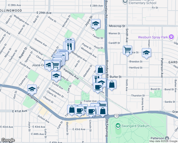 map of restaurants, bars, coffee shops, grocery stores, and more near in Vancouver