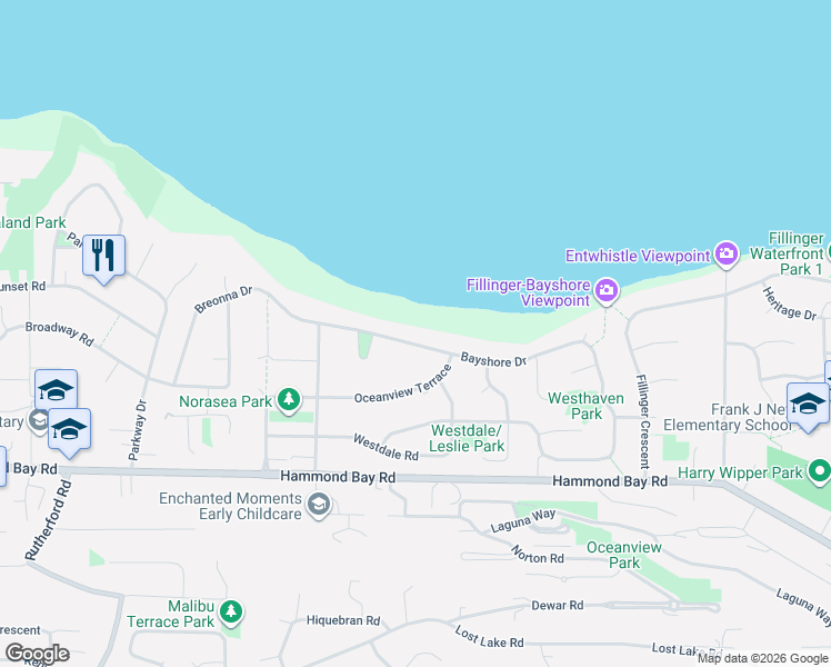 map of restaurants, bars, coffee shops, grocery stores, and more near 5450 Bayshore Drive in Nanaimo