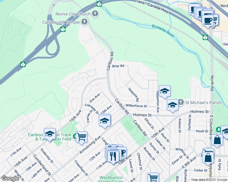 map of restaurants, bars, coffee shops, grocery stores, and more near 7588 Cariboo Road in Burnaby