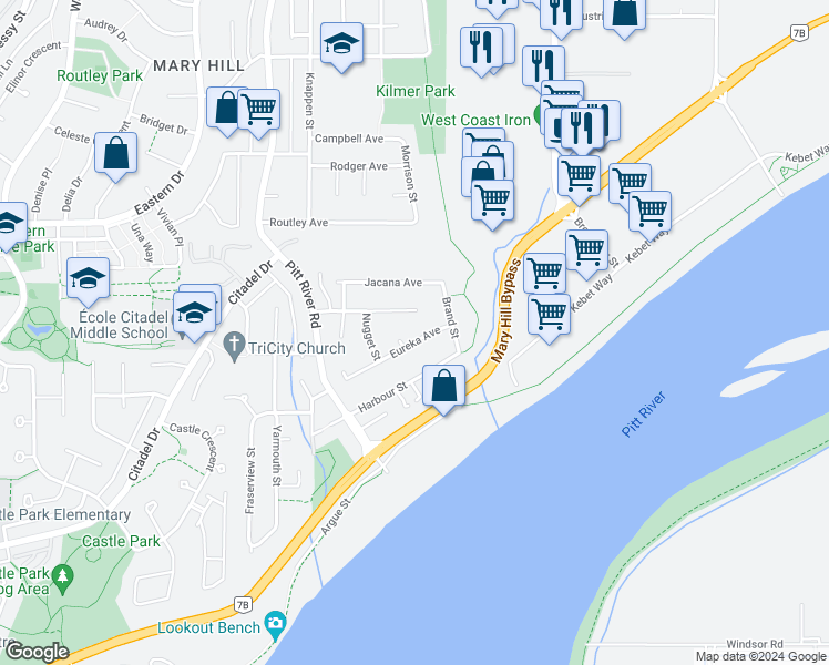 map of restaurants, bars, coffee shops, grocery stores, and more near 1835 Eureka Avenue in Port Coquitlam