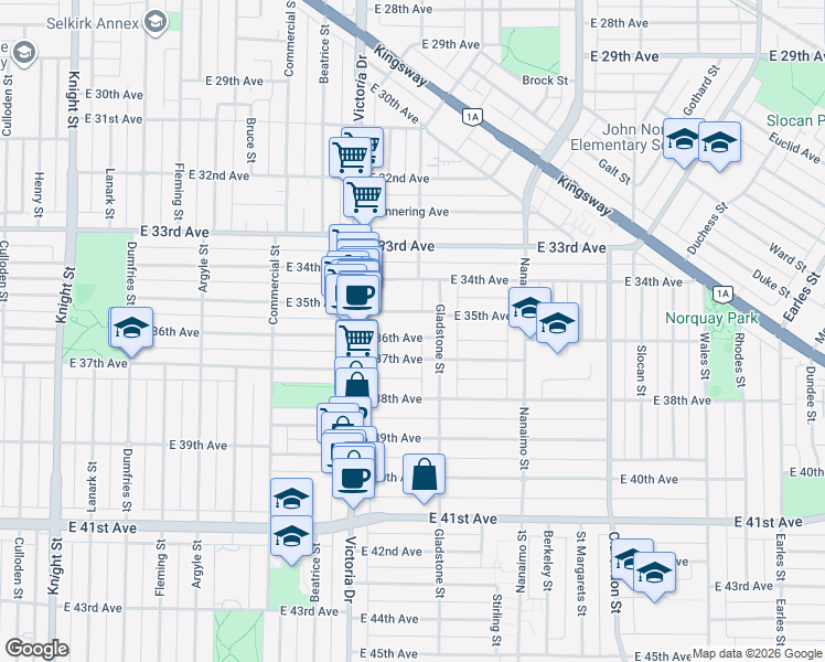 map of restaurants, bars, coffee shops, grocery stores, and more near 2133 East 36th Avenue in Vancouver