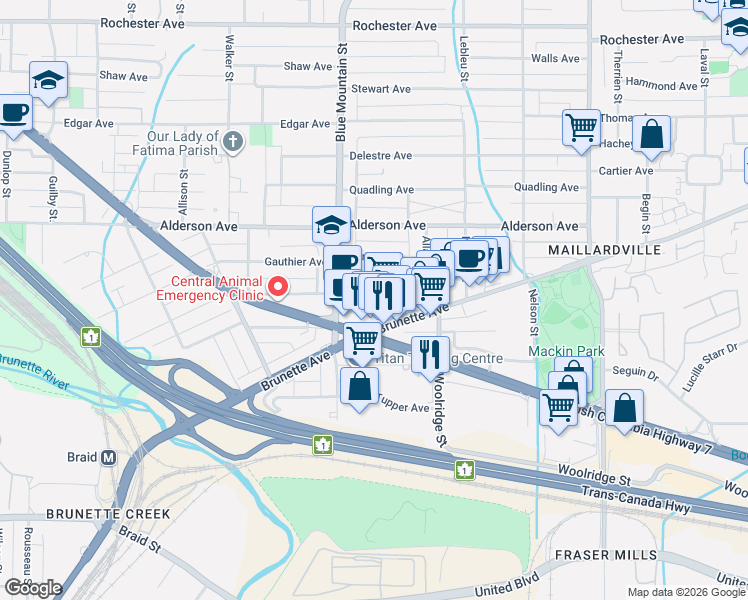 map of restaurants, bars, coffee shops, grocery stores, and more near 931 Brunette Avenue in Coquitlam