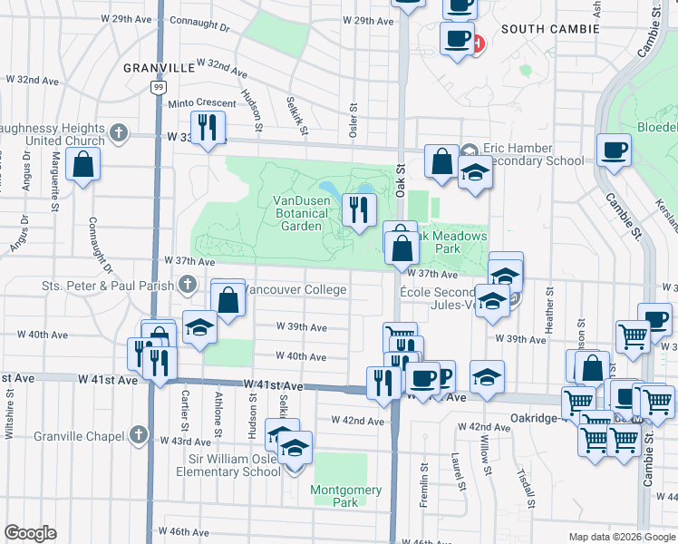 map of restaurants, bars, coffee shops, grocery stores, and more near 1128 West 37th Avenue in Vancouver