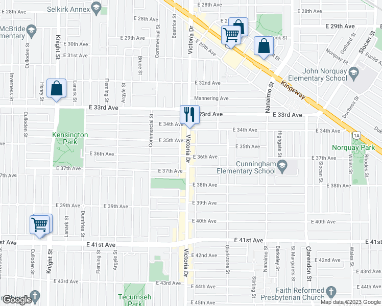map of restaurants, bars, coffee shops, grocery stores, and more near 5108 Victoria Dr in Vancouver