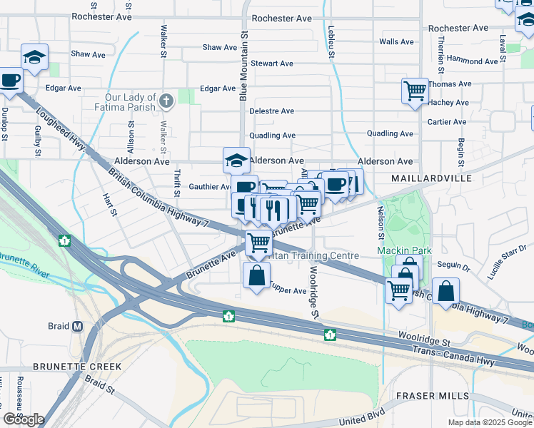 map of restaurants, bars, coffee shops, grocery stores, and more near 918 Roderick Avenue in Coquitlam