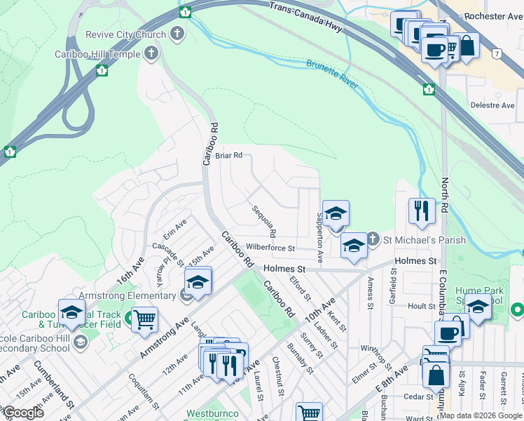 map of restaurants, bars, coffee shops, grocery stores, and more near 7536 Sequoia Road in Burnaby