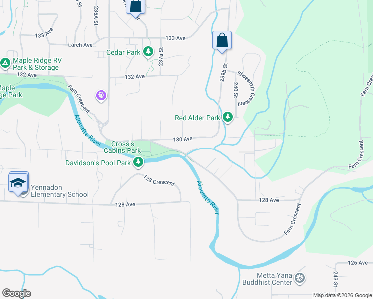 map of restaurants, bars, coffee shops, grocery stores, and more near 23843 129 Avenue in Maple Ridge
