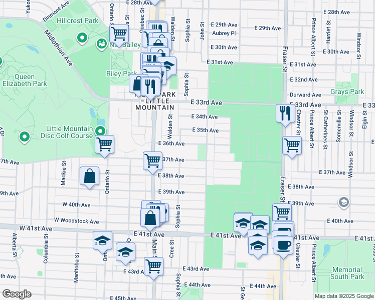 map of restaurants, bars, coffee shops, grocery stores, and more near 360 East 36th Avenue in Vancouver