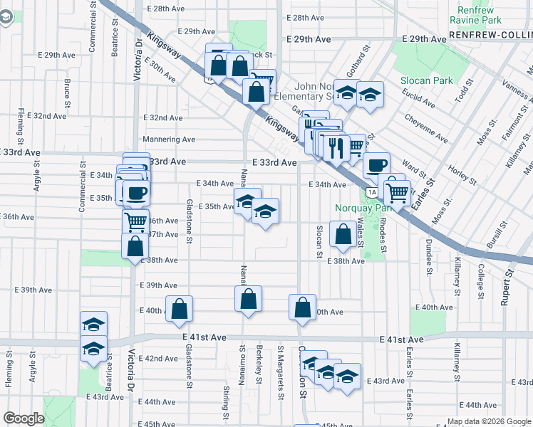 map of restaurants, bars, coffee shops, grocery stores, and more near 5156 Highgate Street in Vancouver