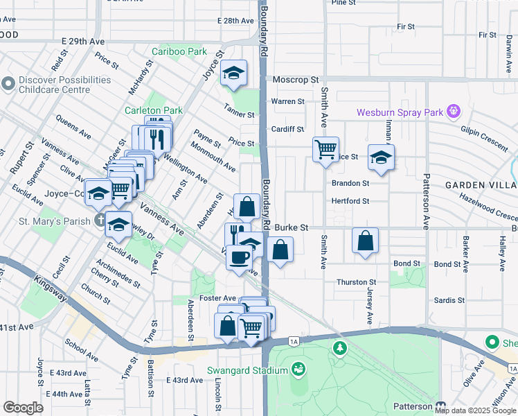 map of restaurants, bars, coffee shops, grocery stores, and more near 6670 Wellington Avenue in Vancouver