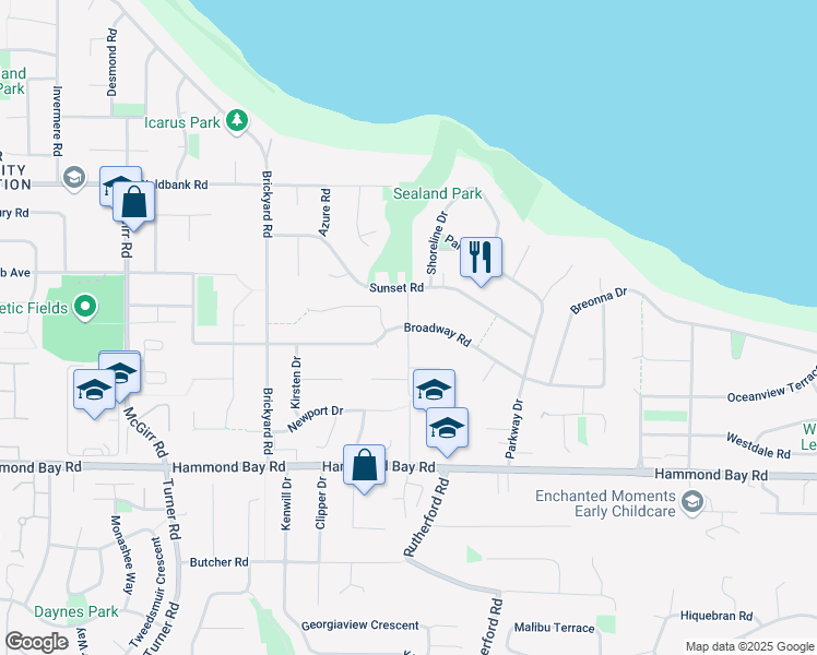 map of restaurants, bars, coffee shops, grocery stores, and more near Broadway Rd & Sealand Rd in Nanaimo
