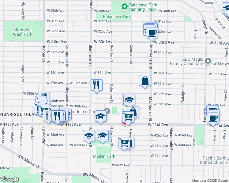 map of restaurants, bars, coffee shops, grocery stores, and more near 3175 West 38th Avenue in Vancouver