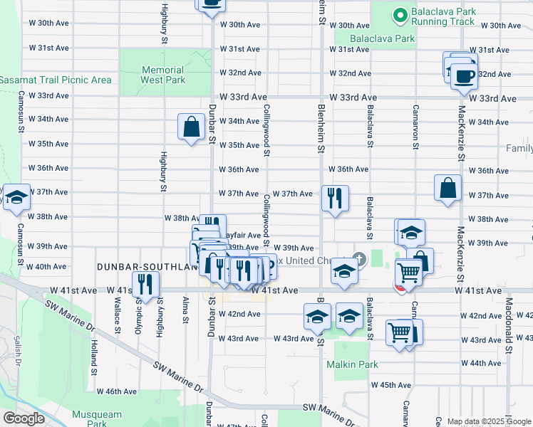 map of restaurants, bars, coffee shops, grocery stores, and more near West 38th Avenue in Vancouver