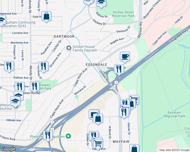 map of restaurants, bars, coffee shops, grocery stores, and more near 2425 Mariana Place in Coquitlam