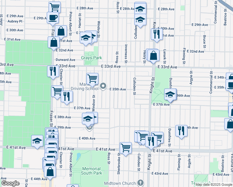 map of restaurants, bars, coffee shops, grocery stores, and more near 5187 Sherbrooke Street in Vancouver