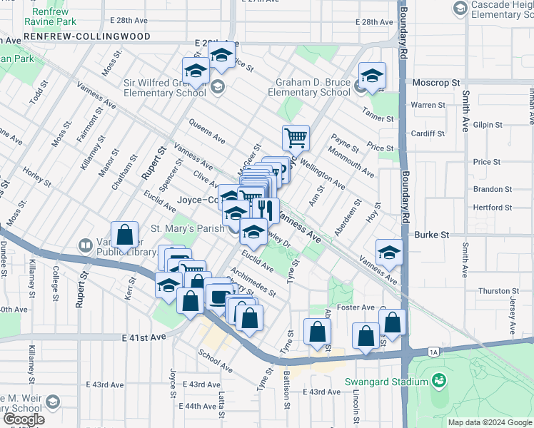 map of restaurants, bars, coffee shops, grocery stores, and more near in Vancouver