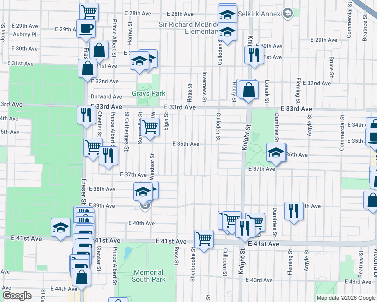 map of restaurants, bars, coffee shops, grocery stores, and more near in Vancouver