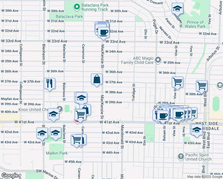 map of restaurants, bars, coffee shops, grocery stores, and more near 2839 West 38th Avenue in Vancouver