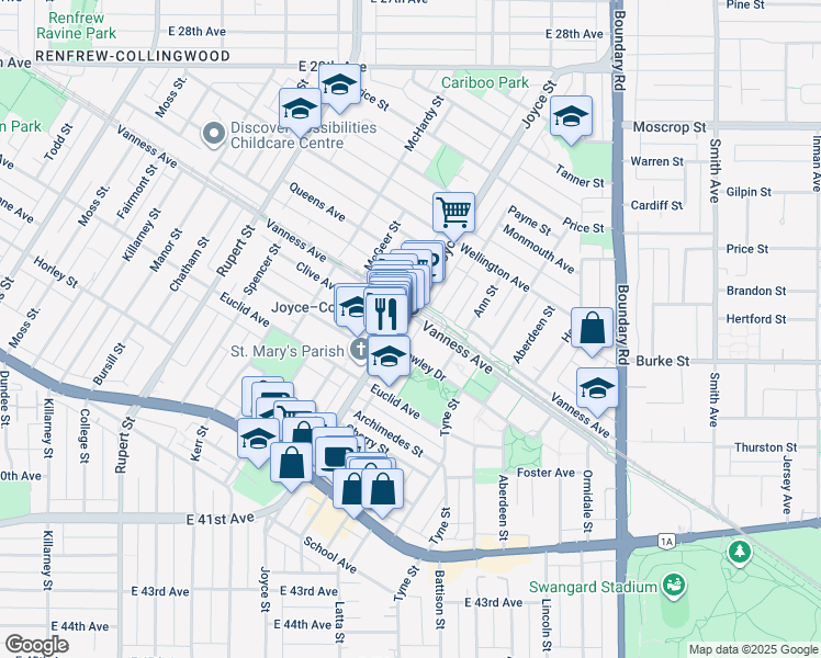 map of restaurants, bars, coffee shops, grocery stores, and more near 3438 Vanness Avenue in Vancouver