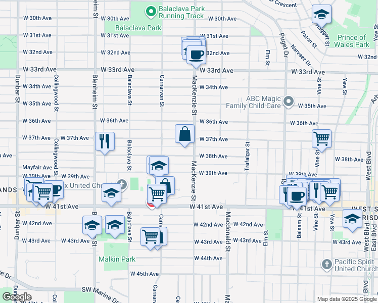 map of restaurants, bars, coffee shops, grocery stores, and more near 2923 West 38th Avenue in Vancouver