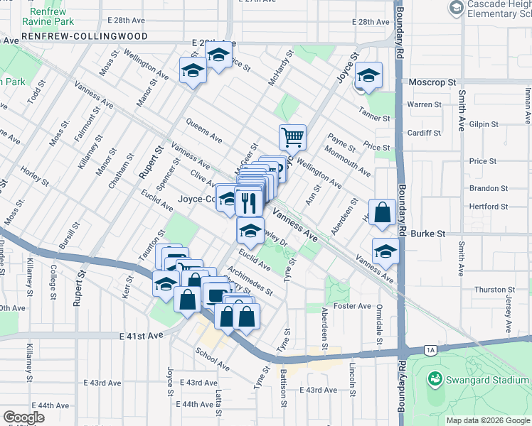 map of restaurants, bars, coffee shops, grocery stores, and more near 3438 Vanness Avenue in Vancouver