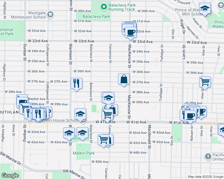 map of restaurants, bars, coffee shops, grocery stores, and more near 2997 West 38th Avenue in Vancouver