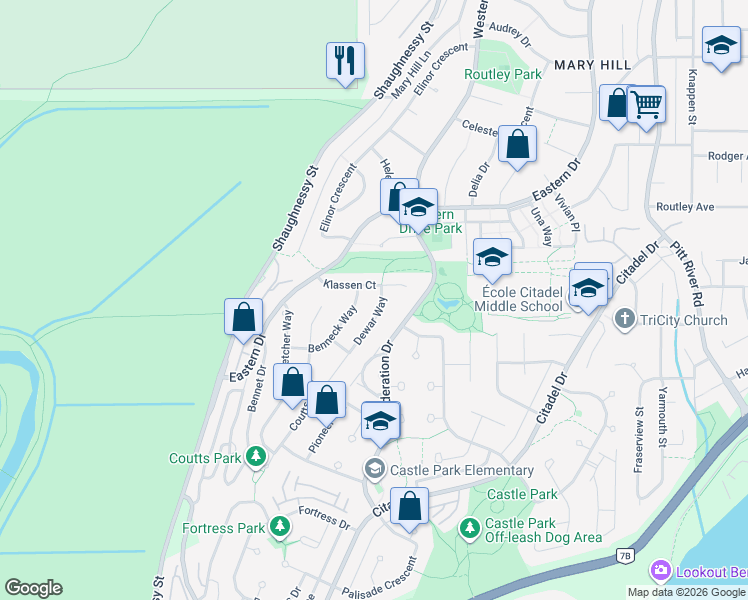 map of restaurants, bars, coffee shops, grocery stores, and more near 1287 Dewar Way in Port Coquitlam
