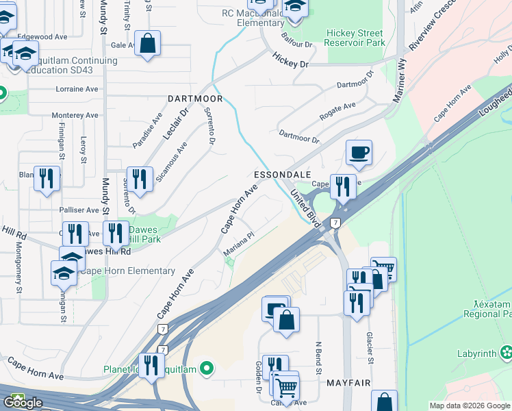 map of restaurants, bars, coffee shops, grocery stores, and more near 2412 Magellan Court in Coquitlam