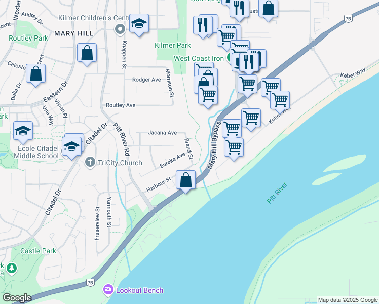 map of restaurants, bars, coffee shops, grocery stores, and more near Brand Street in Port Coquitlam