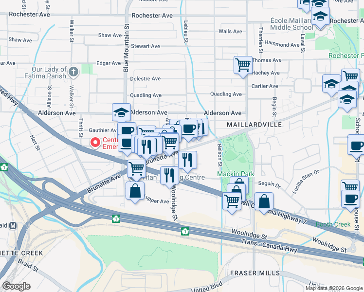 map of restaurants, bars, coffee shops, grocery stores, and more near in Coquitlam