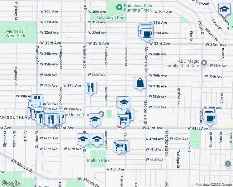 map of restaurants, bars, coffee shops, grocery stores, and more near 3091 West 38th Avenue in Vancouver