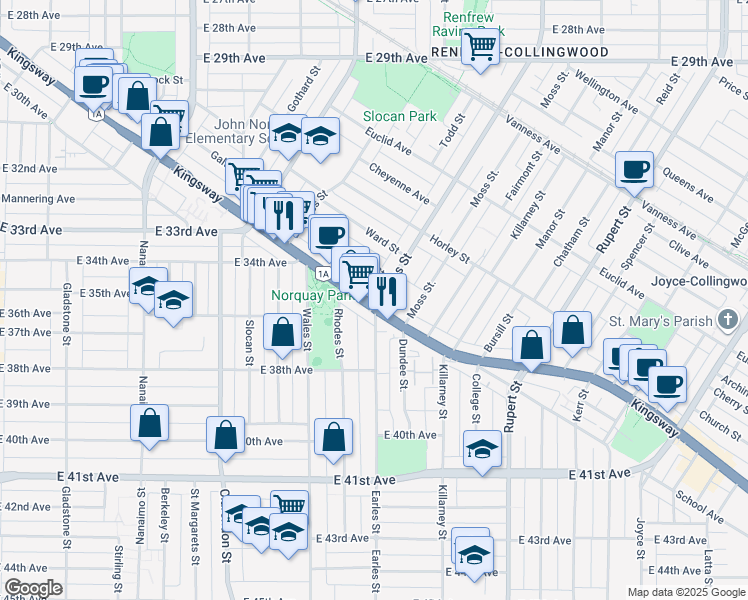 map of restaurants, bars, coffee shops, grocery stores, and more near 5189 Earles Street in Vancouver