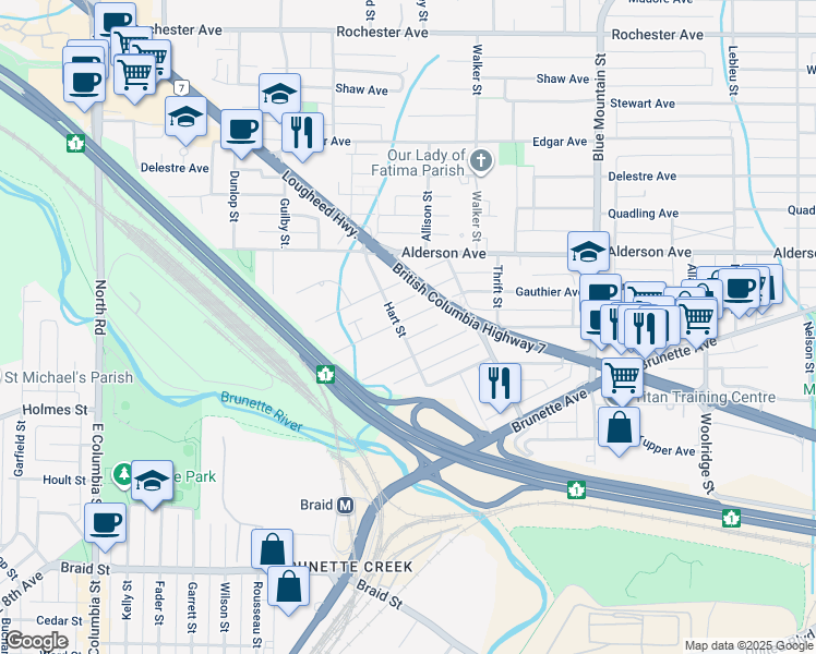 map of restaurants, bars, coffee shops, grocery stores, and more near 255 Hart Street in Coquitlam