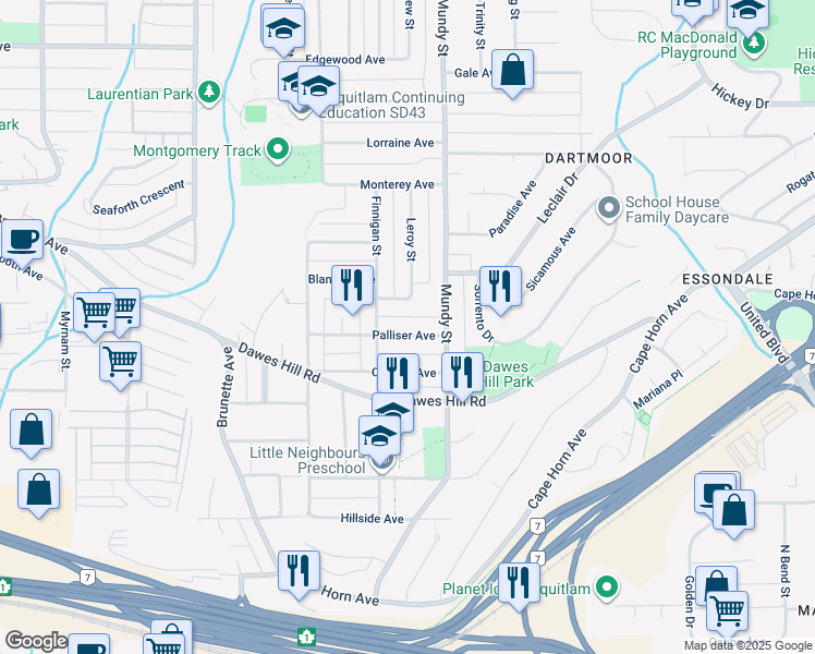 map of restaurants, bars, coffee shops, grocery stores, and more near 2141 Palliser Avenue in Coquitlam